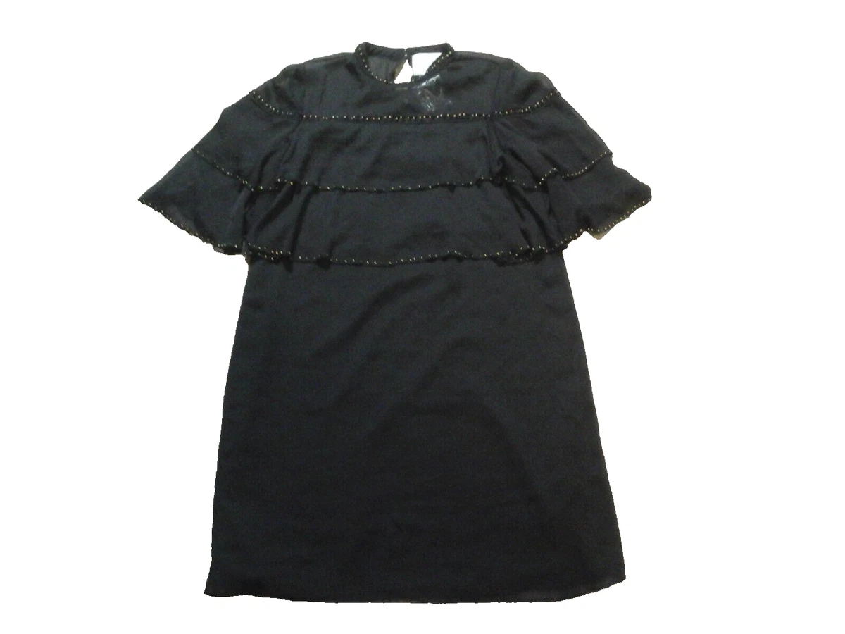 Chloe Oliver NWT black short sleeve ruffled beaded lined dress womens XS