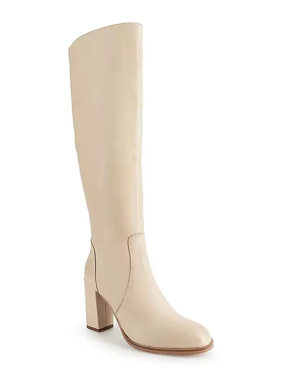 Freemans Block Heel Leather Long Boots in Cream UK (F487)