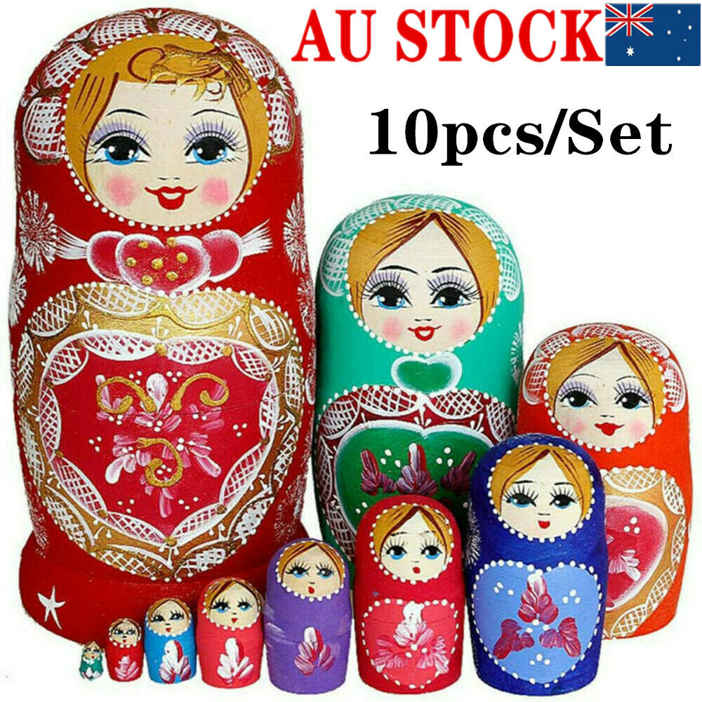 10PCS Russian Nesting Dolls Wooden Hand Painted Babushka Matryoshka Set Toy Gift