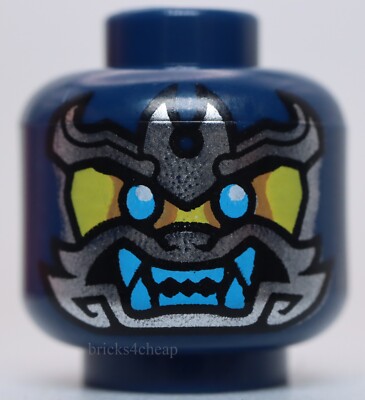 Lego Dark Blue Minifig Sided Yellow Face Silver Samurai Mask Black Eyes Teeth