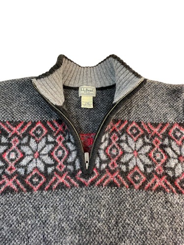 LL Bean Sweater Mens L Black Gray Nordic Fair Isle Knit Shetland Wool 1/4 Zip - Picture 3 of 8