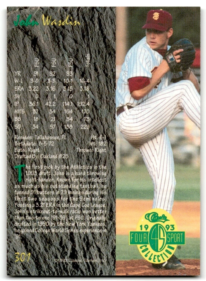 1993 Classic 4s Collection John Wasdin Oakland Athletics #301 - Image 2 of 2