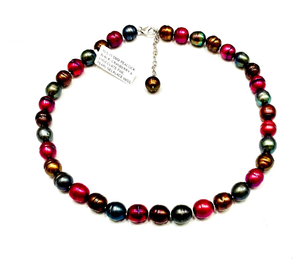 COLLAR DE PERLAS OVALADAS 10,5-11,5 MM PAVO REAL NEGRO, ARÁNDANO Y CHOCOLATE CON SS Foto 3 de 4