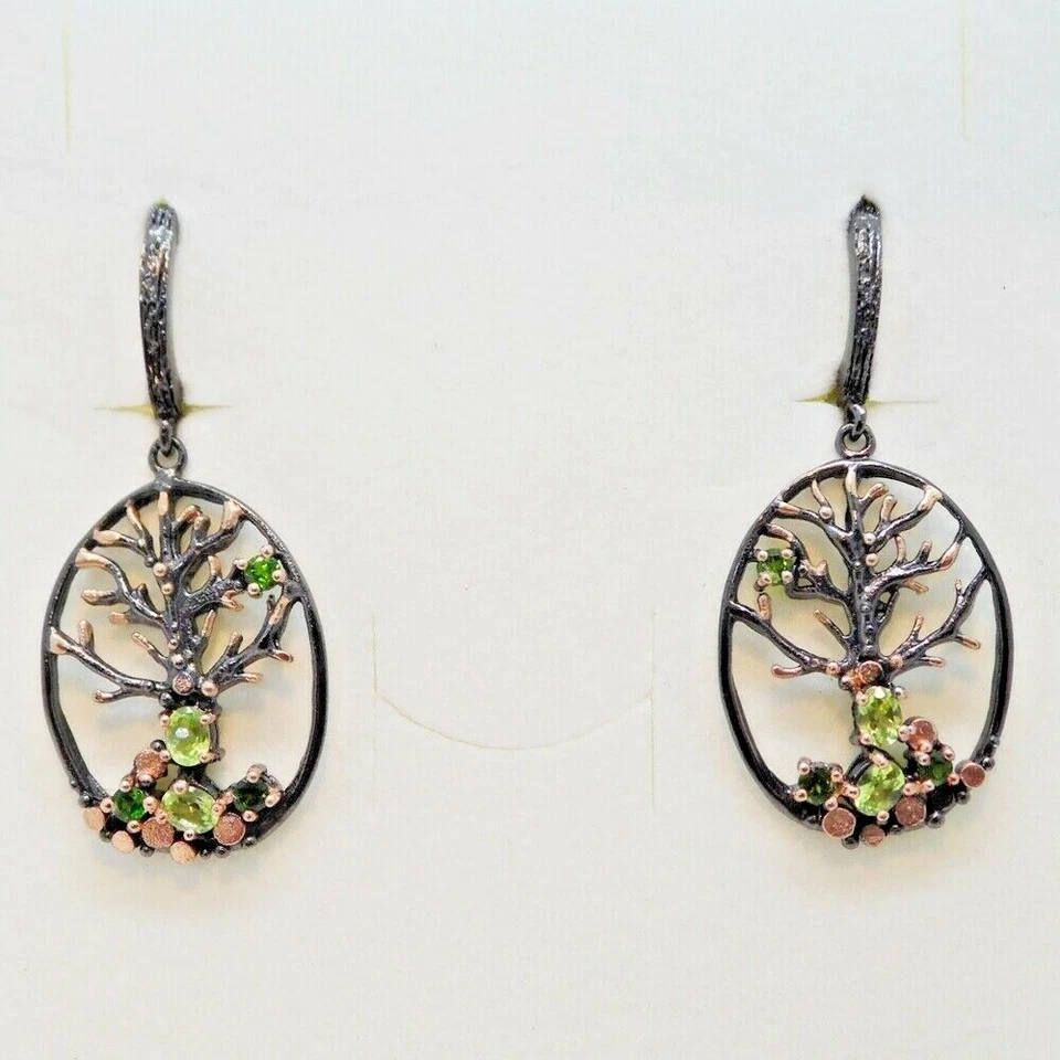 Peridot Chromdiopsid Ohrhänger LEBENSBAUM 925 Silber 585 Roségold vergoldet - Bild 3 von 4