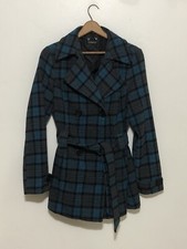 Joujou Wmn's Medium Blue Black Plaid Belted Pea Coat Jacket Winter Wool Blend