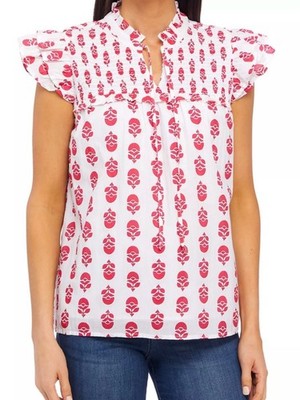 Women's White and Pink Printed Ruffle Yoke Shell Top