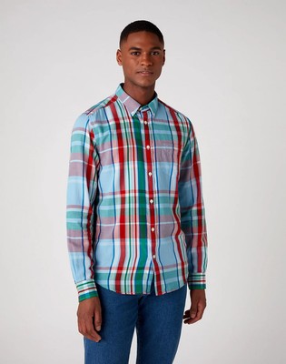 Wrangler 1 Pkt Hemd Herren Medium Slim Fit Kariert Baumwolle Button Down Formel Rot