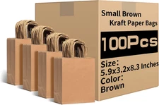 Small Brown Kraft Paper Bags with Handles Bulk, 5.9"X3.2"X8.3" 100Pcs Small Brow