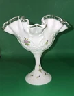 Fenton Embossed Silver Crest Milkglass Compote "Violet's In The Snow" Signed Vtg