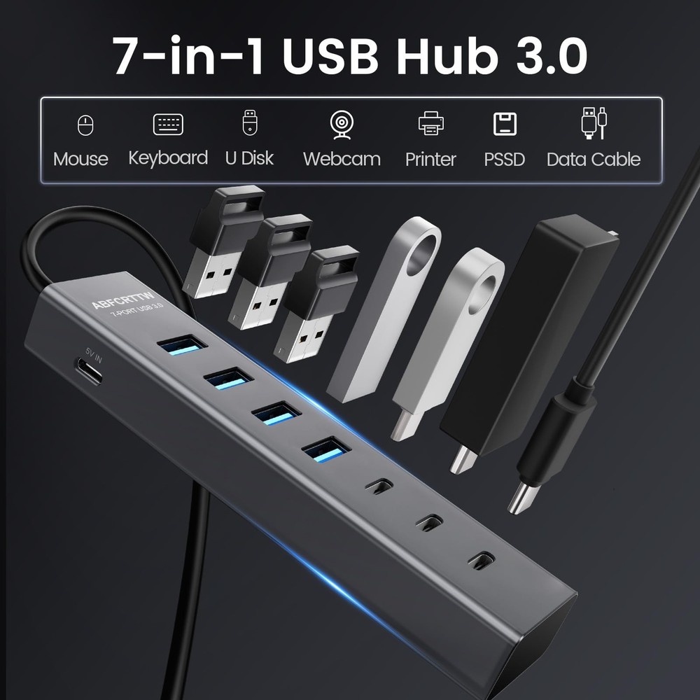 USB to USB Hub Multiport Adapter, Aluminium 7-Port USB Hub Multiport Adapter,...