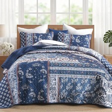Boho Floral Quilt Queen, Reversible Navy Blue Patchwork Bedding Set