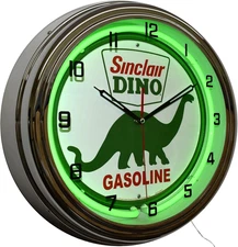 Platinum Sinclair Dino Gasoline Motor Oil Sign Neon Garage Clock (16" Green)