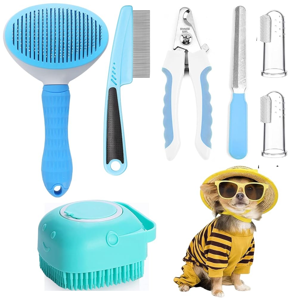7pcs Pet Grooming Kit, Self-Cleaning Brush Shedding Kit with Nail Clipper, Fl...