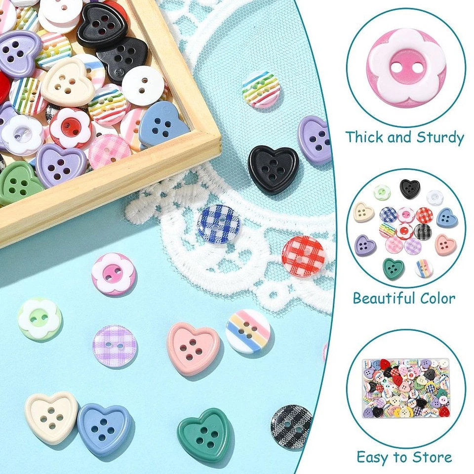 200x Resin Buttons Heart Round 4-Hole 2 Hole Flat Flower Button for Clothes DIY - Image 3 of 4