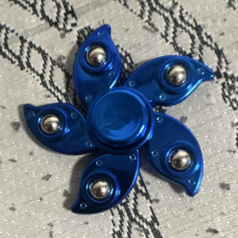 Blue/Silver 5-Arm Metal Hand Spinner Fidget Toy with Clear Storage Case