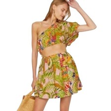 Farm Rio Macaw Leaves Cutout Waist Mini Dress MED Resort Vacation Cruise Beach
