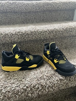 Jordan 4 Retro (PS) Black Yellow Logo Mesh Accents Boys  Sneaker Size 2Y