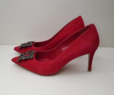 DUNE GRÖSSE 4 UK EUR 37 DAMEN ROT VELOURSLEDER LEDER STILETTO-ABSATZ PUMPS SCHUHE BROSCHE