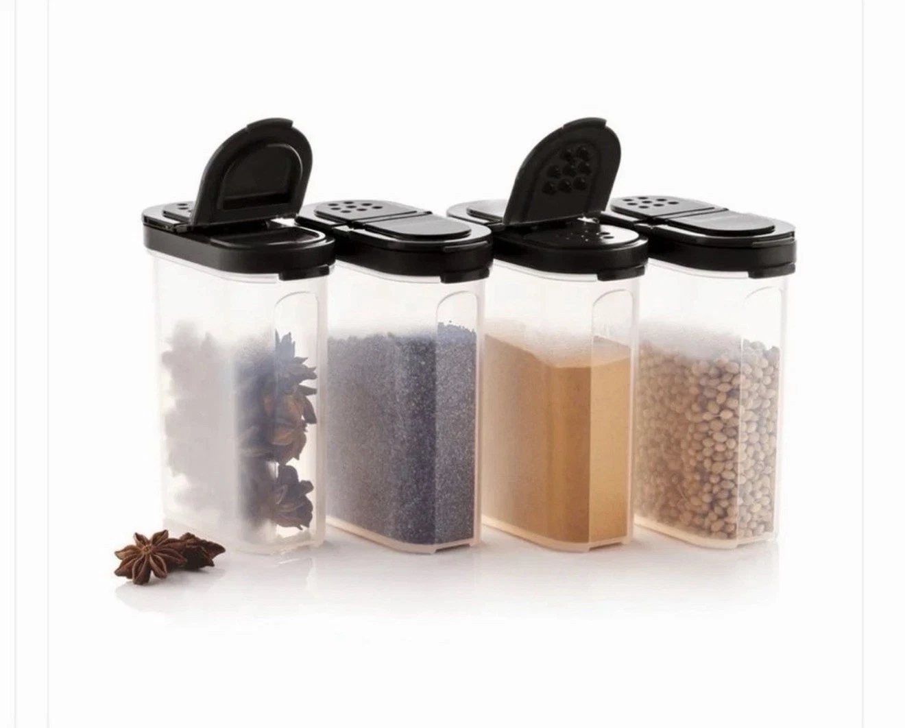 Tupperware LARGE Spice Shakers Containers Set of 4 Modular Mates Clear Black NEW