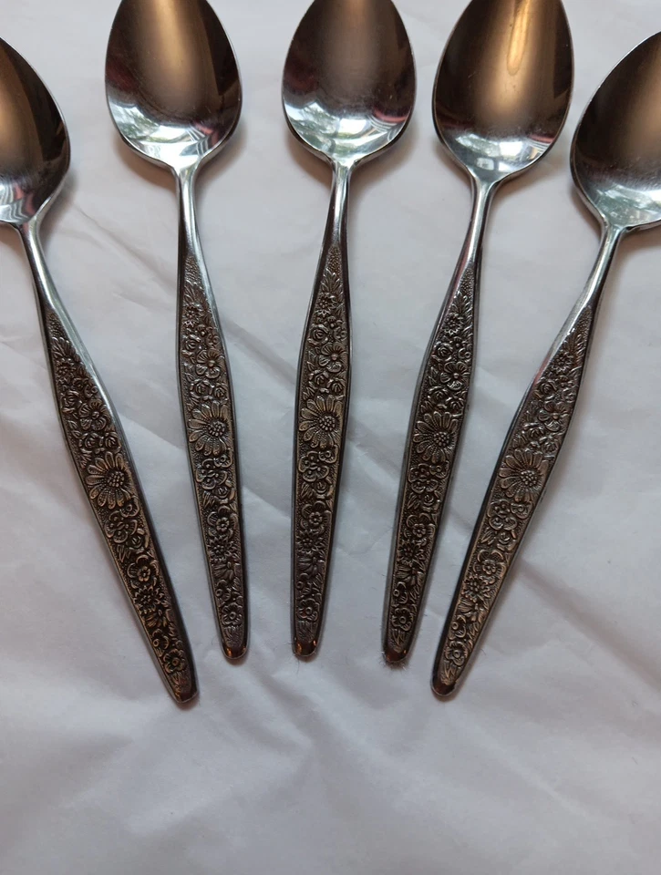 Set Of 5 Teaspoons Interpur JARDINERA Stainless Japan Daisy Floral 6 1/2 in - Image 2 of 4