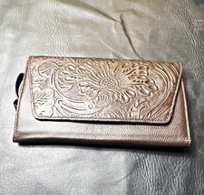 Brown Tooled Floral Embossed Crossbody Wallet Purse Bag Card Slots Strap