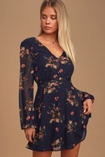 Lulus Women Always Yours Long Sleeve Skater Dress Navy Blue Floral Prin Medium