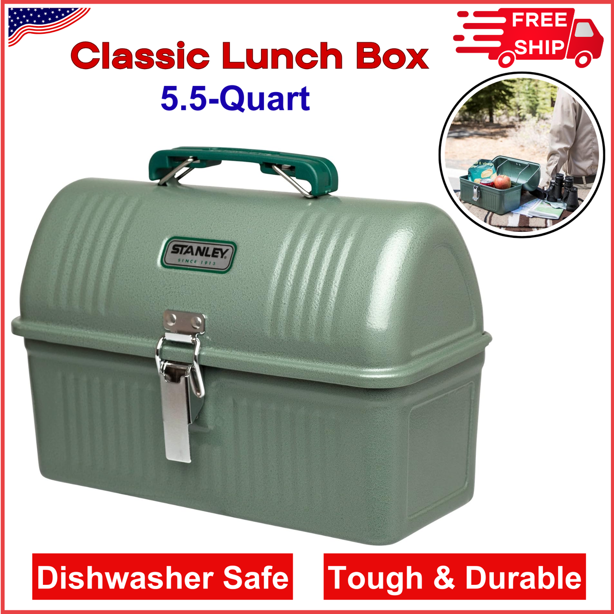Stanley Classic Lunch Box 5.5 qt, Vintage Metal Lunchbox, Durable