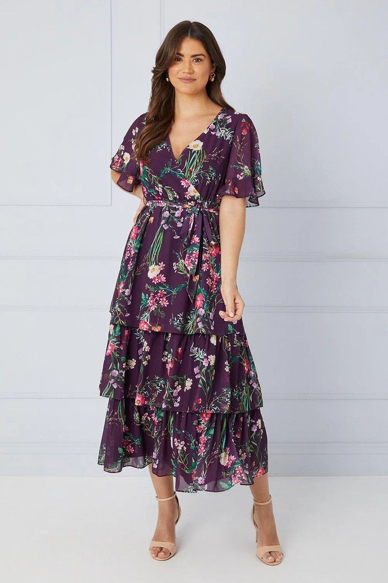 Wallis Womens Fit Flare Dress Plum Floral V-Neck Ruffle Midi Spring Summer  | eBay UK