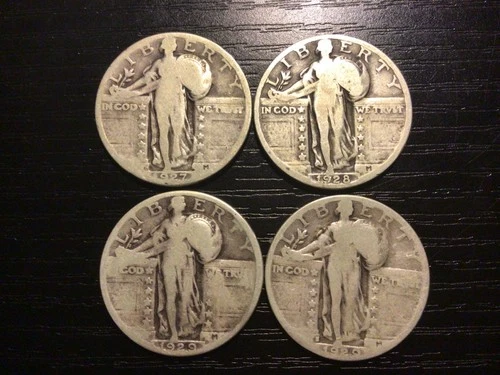 (4) Standing Liberty Quarters, VG. 1927-29, Diff. Dates/MM, $65 in Silver!
