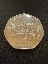 1982 Isle Of Man Christmas 50p Fifty Pence Piece Coin Christmas Tree Scene IOM