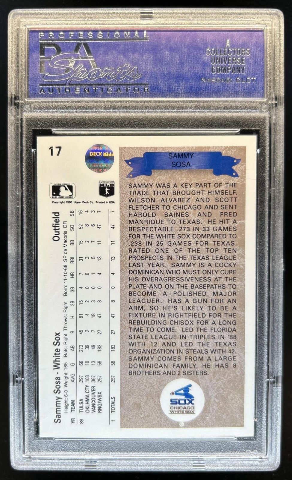 1990 Upper Deck Sammy Sosa Rookie RC #17 White Sox PSA 9 view 2