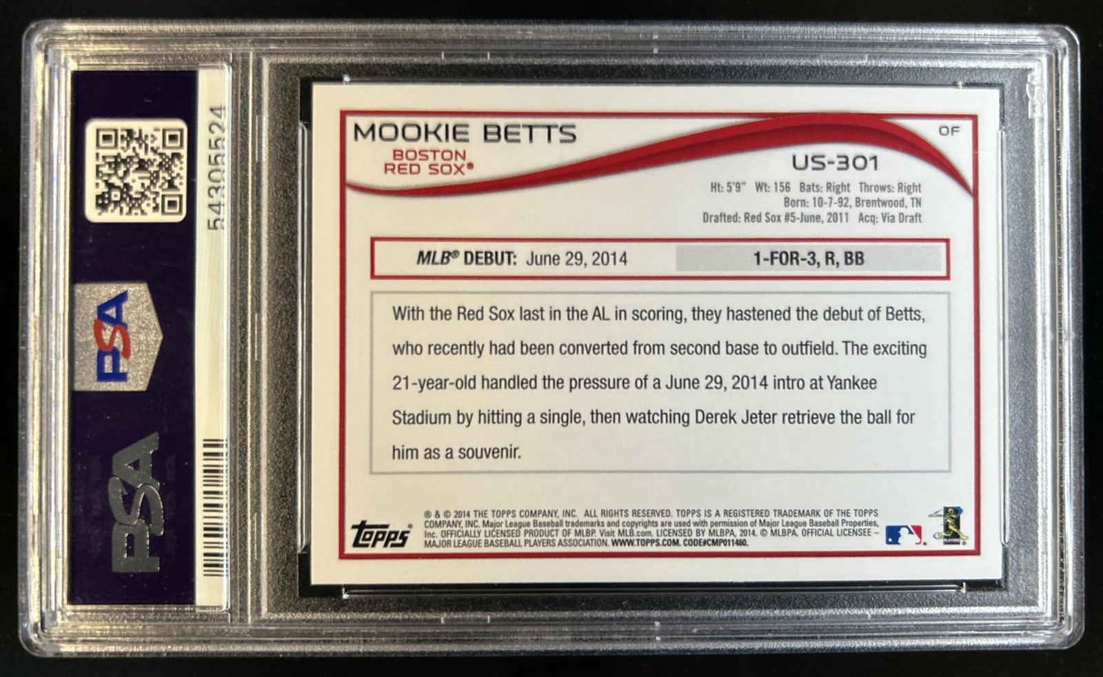 2014 Topps Update Mookie Betts RC Rookie #US-301 Red Sox PSA 10 GEM MINT view 2