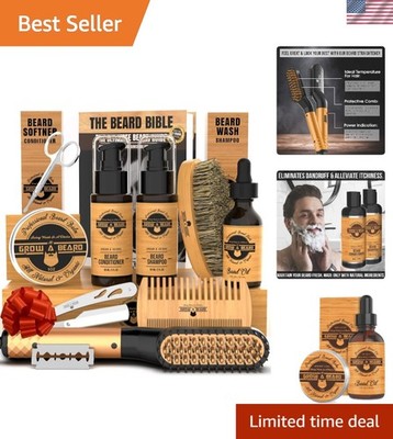 All-In-One Beard Grooming Kit with Heated Straightener for Men - Perfect Gift
