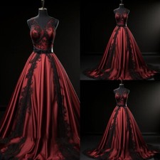 Vintage Black Red Gothic Wedding Dresses Sleeveless Satin V-Neck Bridal Gowns