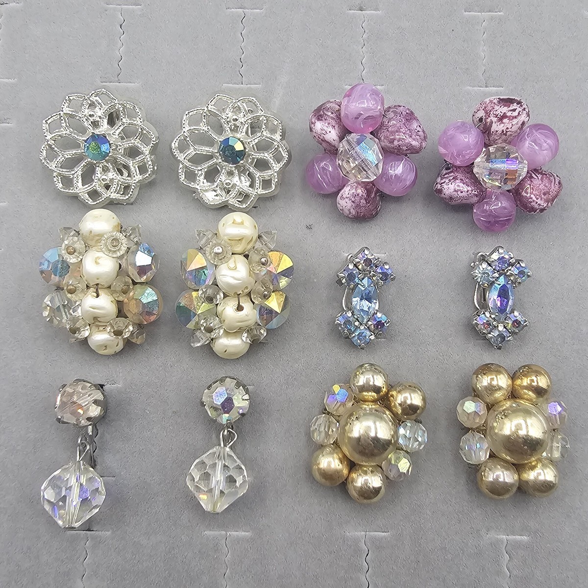Vintage Clip On Earring Lot Pairs AB Crystal Iridescent Bead