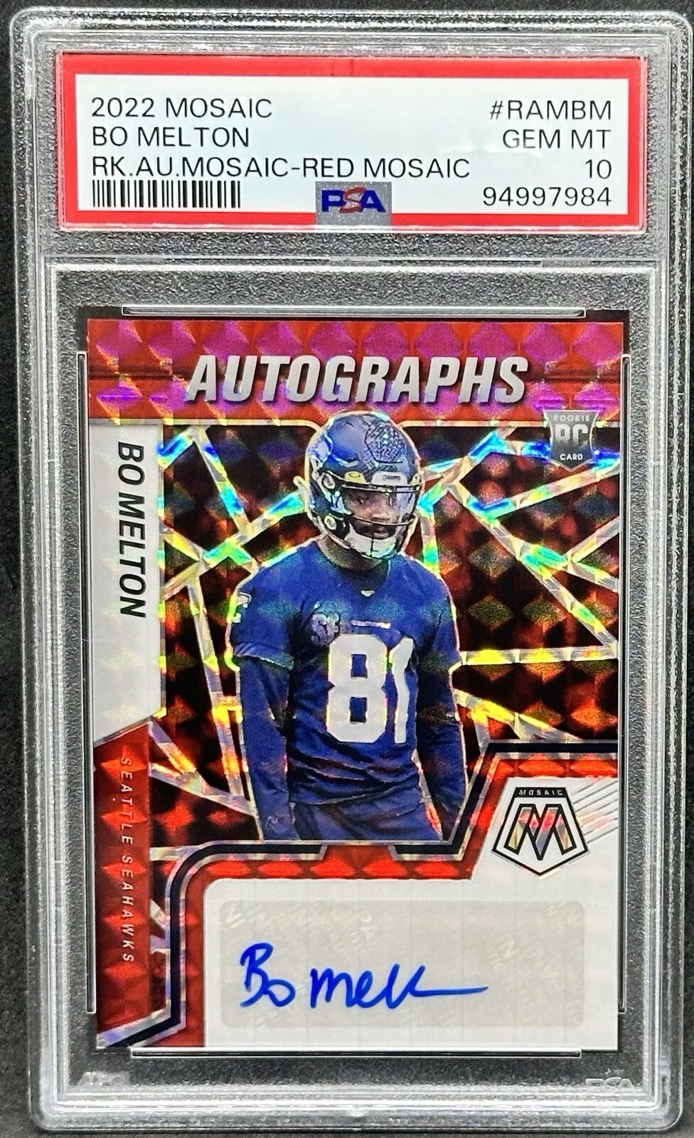 Bo Melton Panini Mosaic Rookie Autograph Mosaic #RAMBM Red Mosaic
