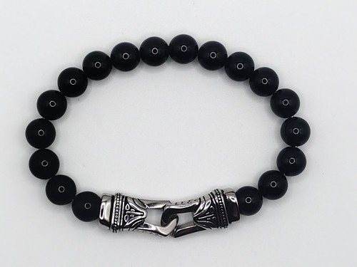 Men's 10.mm Black Agate Bead Stretch Bracelet in Stainless Steel - 8.5