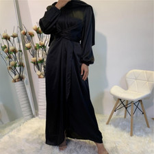 Femme Arabe Musulmane Faux Satin Maxi Robe Manches Ballons Drapé Avant Abaya