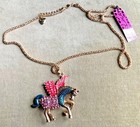 BETSY JOHNSON FLYING HORSE NECKLACE  RHINESTONE GOLD TONE ABOUT 29 INCHES 