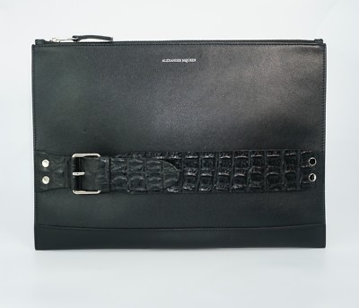 Alexander McQueen Men's Croc-Embossed Strap Leather Zip Pouch,Black, MSRP $1,200