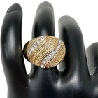 Vtg Gold Tone Textured Wave Clear Rhinestone Costume Jewelry Dome Ring Size 8