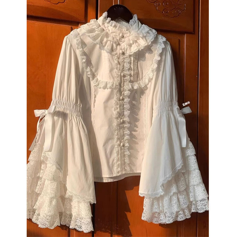 Camisa manga acampanada encaje blanco vintage otoño nueva