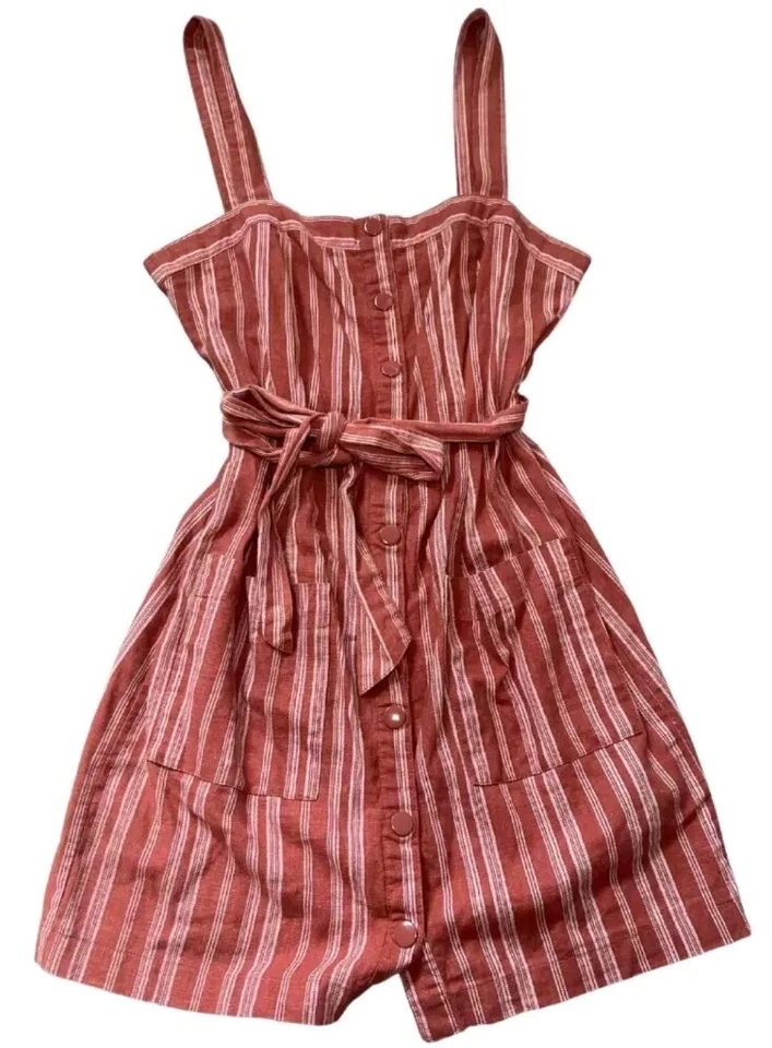 Forever21 SzM Pinstripe Pink/White Button-Up Dress Belted Waist Pkts Linen Blend - Image 4 of 4