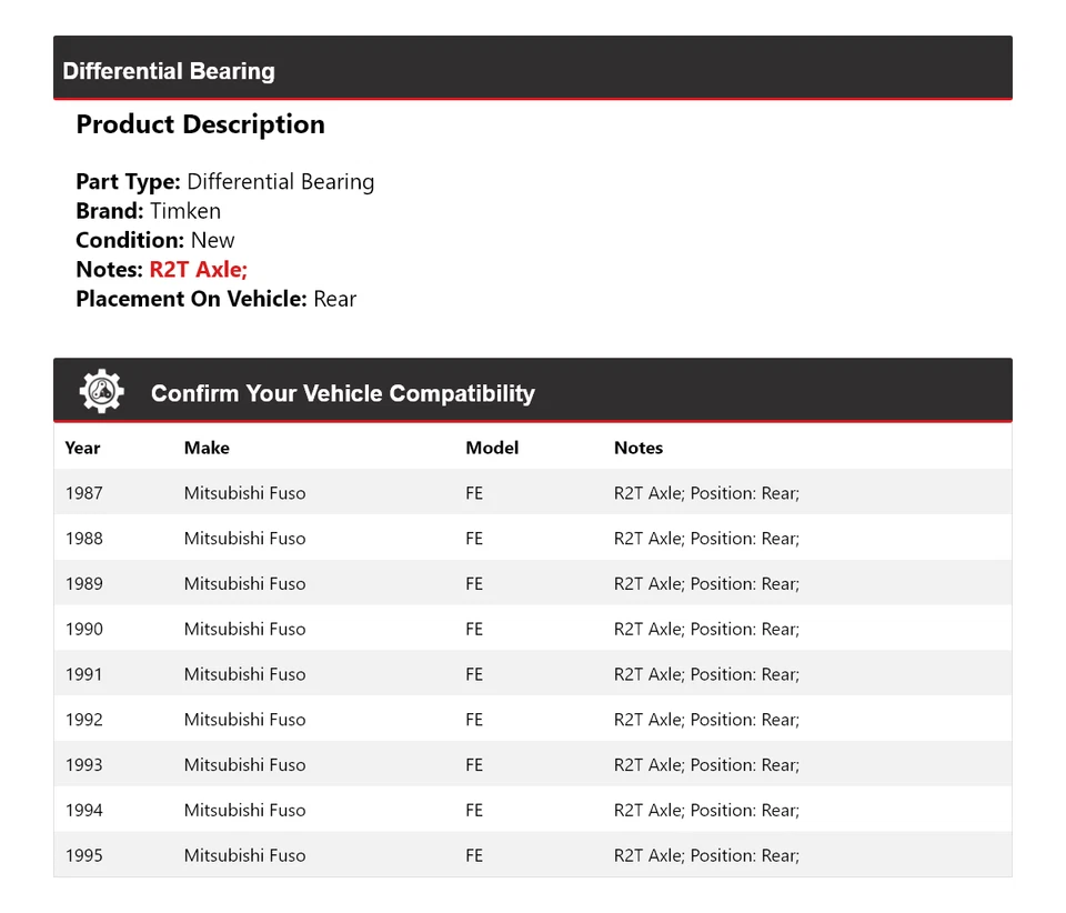 Cojinete diferencial trasero Timken 1988 1989 1990 para Mitsubishi Fuso FE 1987-1995 Foto 2 de 4