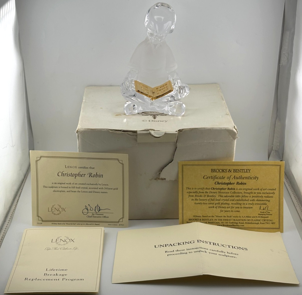 Lenox Crystal Christopher Robin Disney Winnie the Pooh Sculpture Papers And Box