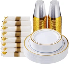 175PCS Gold Plastic Plates for 25 Guests, Disposable Dinnerware Sets Include ...