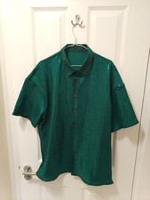 Mens Green Sequin Disco Dance Short Sleeve Shirt Medium Large Oversized