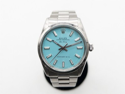 $13K ROLEX AIRKING Blue Tiffany & Co SS Mens Ladies 34mm MIDSIZE Watch SERVICED