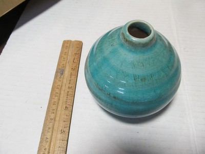 Turqoise Ceramic Pottery Vase Sullivangift Ribbed Surface 4 Inches