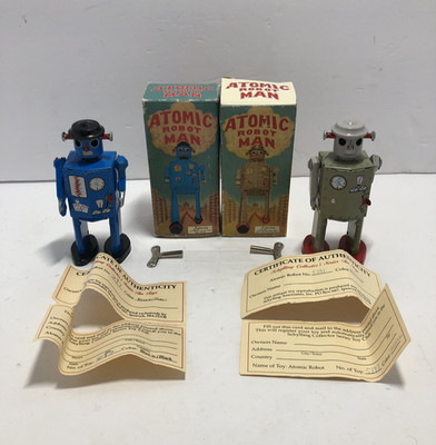 Vintage 1997 Schylling Atomic Robot Man Wind Up Tin Top Set Of 2